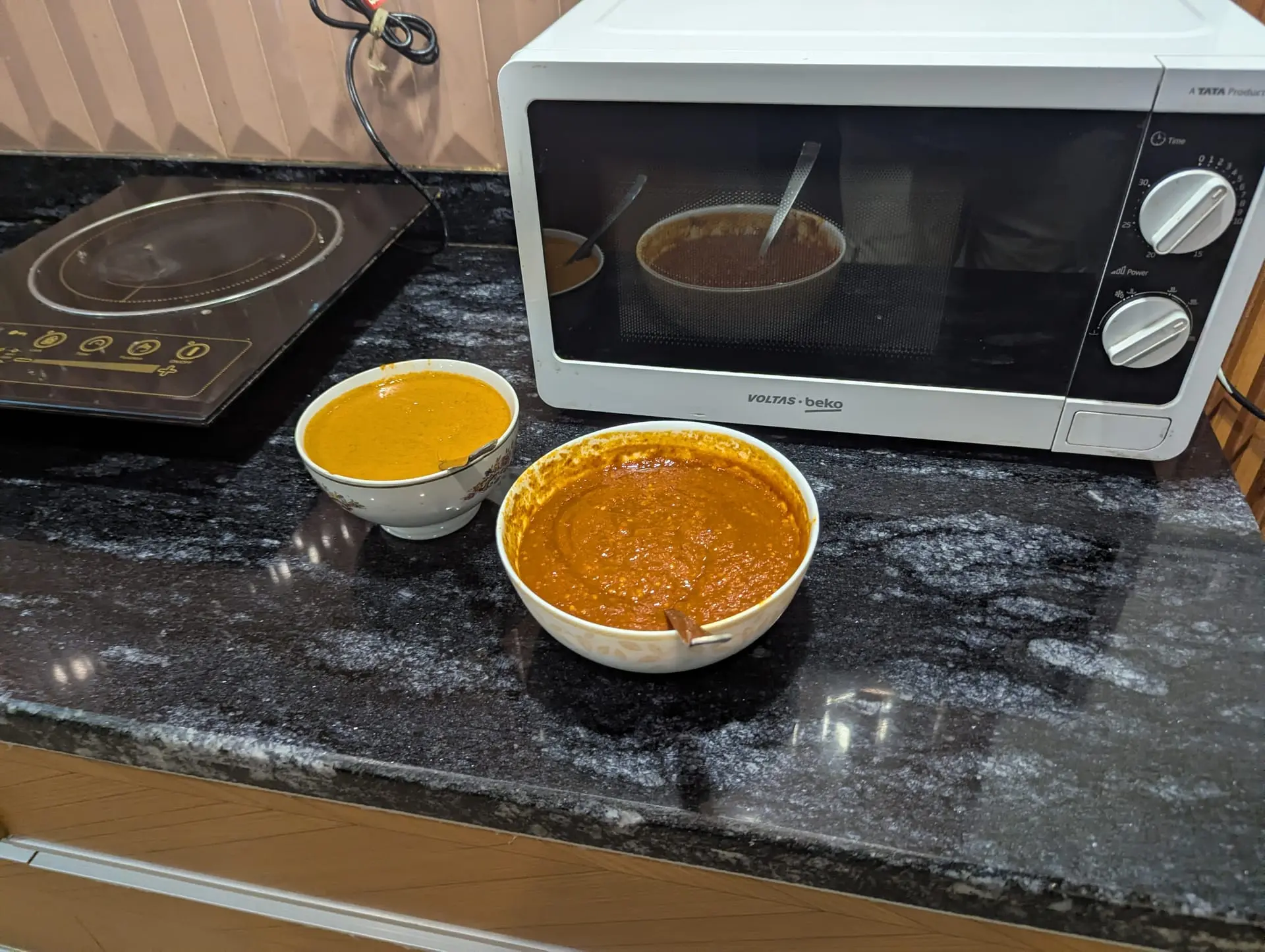 Bowls of spicy chutney ready to go with the momos