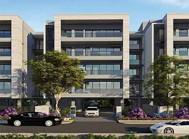 Artist's impression of DLF Exclusive Floors: a low-rise building of four floors over stilt parking